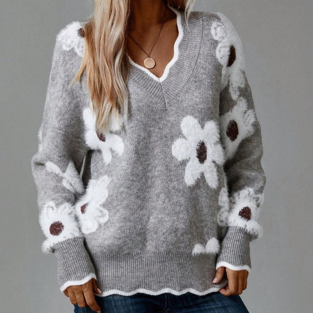 Grey Casual Women's Floral Pattern Easter Family Sweater - Picture 4 of 5